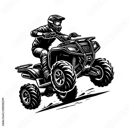 man ride quad bike motor engraving black and white outline