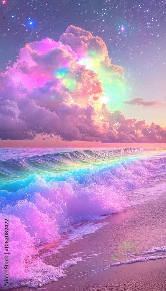 Naklejka premium Surreal rainbow waves crashing on a neon beach, with psychedelic clouds floating above and stars shining in the sky
