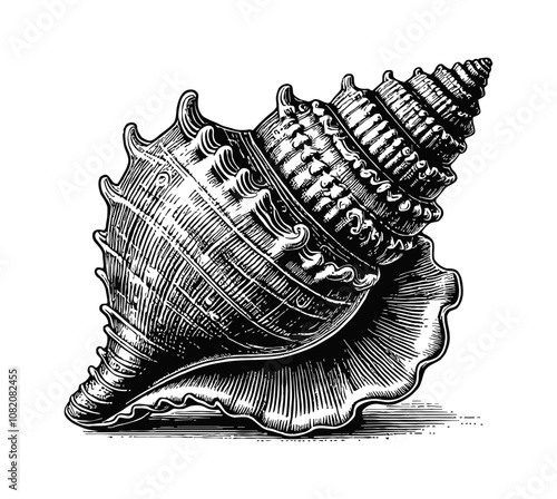 conch shell engraving black and white outline