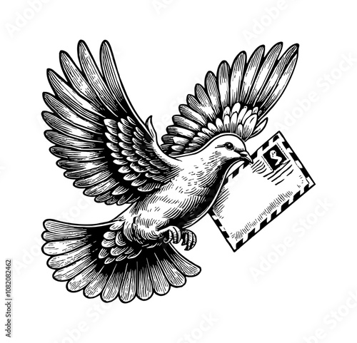 pigeon bird deliver letter engraving black and white outline