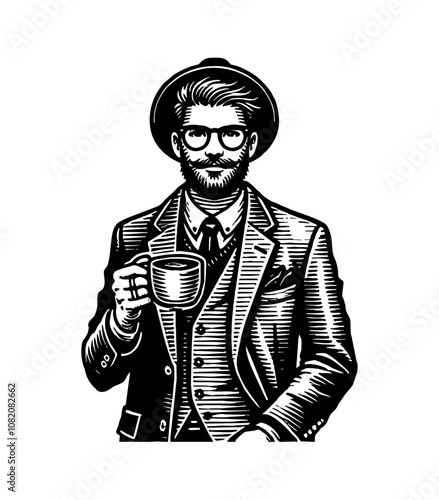 hipster man drinking coffee in cup engraving black and white outline