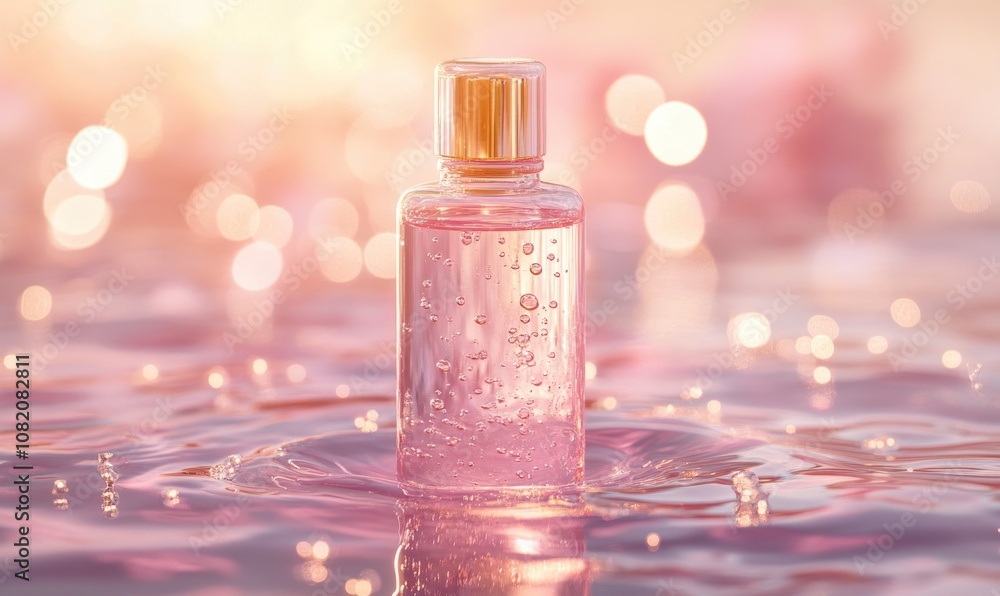 A bottle of perfume is floating in a pool of water A bottle of perfume is floating in a pool of water