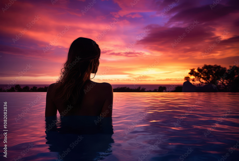 Silhouette of a woman enjoying a colorful sunset by the poolside, reflecting tranquility and peace. Silhouette of a woman enjoying a colorful sunset by the poolside, reflecting tranquility and peace.
