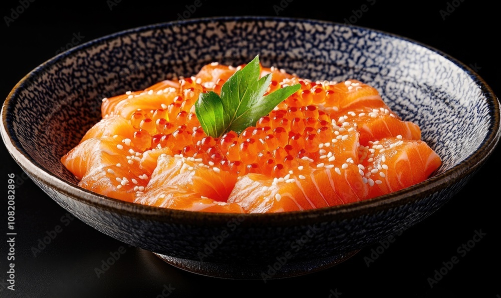 A bowl of sushi with a green leaf on top A bowl of sushi with a green leaf on top