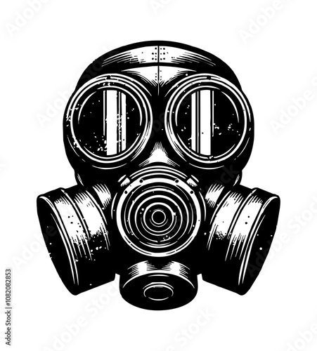 gas mask engraving black and white outline