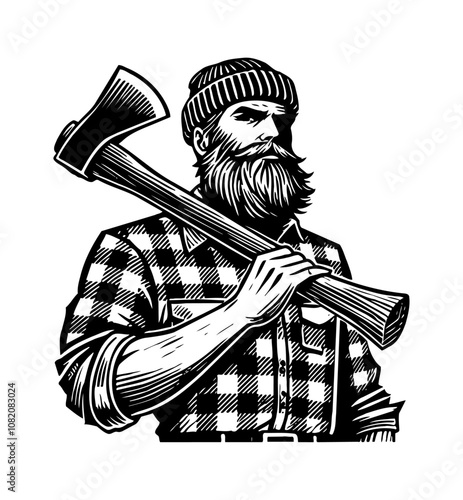 man lumberjack engraving black and white outline