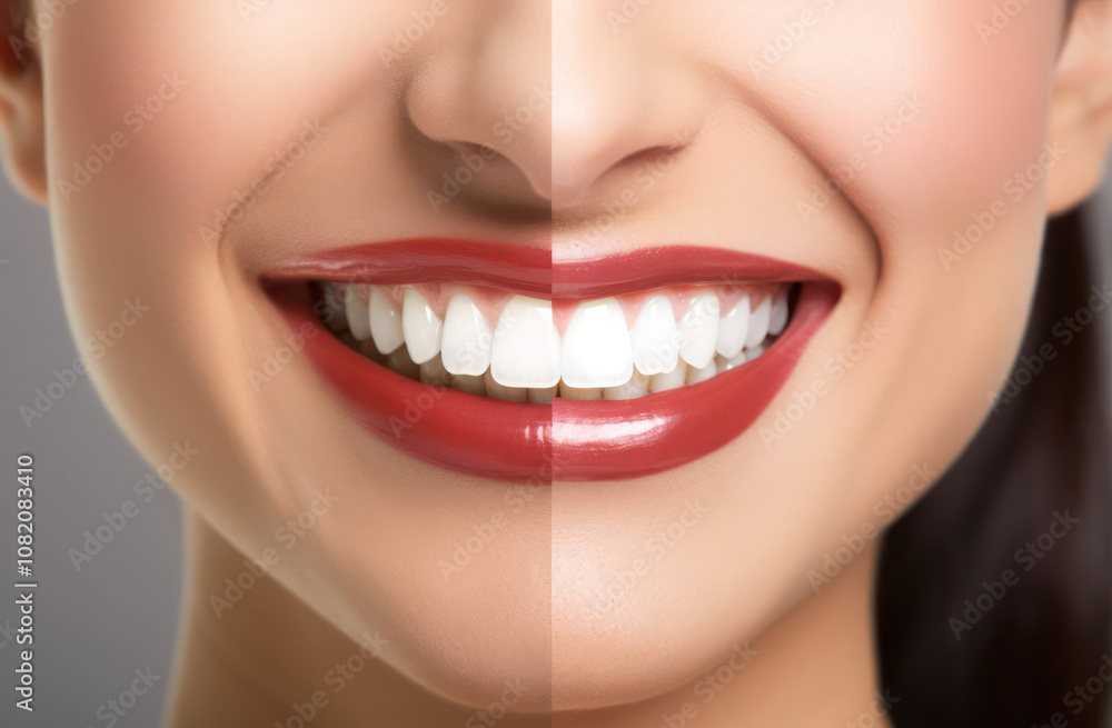 Fototapeta premium A split image showing a woman's smiling face with bright white teeth and red lipstick on one side, enhancing beauty and confidence.
