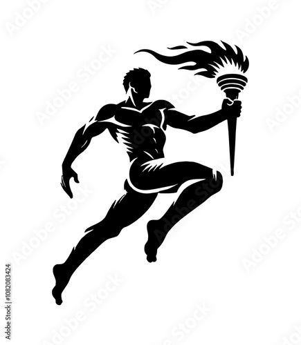 man run holding torch engraving black and white outline