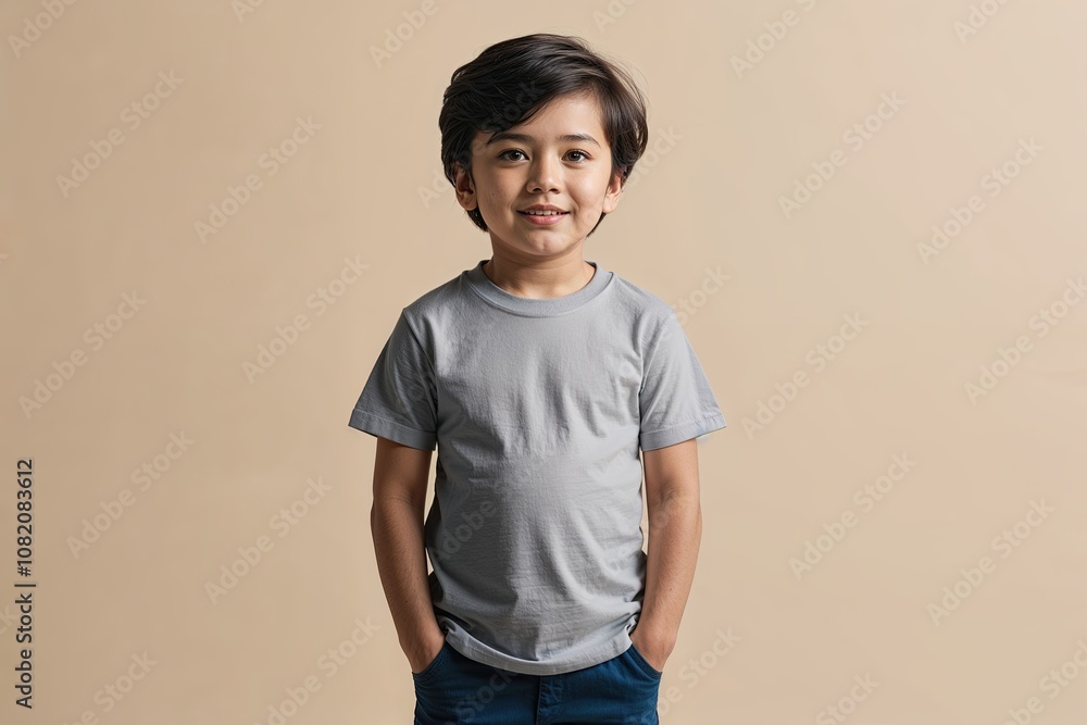 Classic Grey Crew Neck T-Shirt Mockup Featuring Young Boy on Soft Beige Background Classic Grey Crew Neck T-Shirt Mockup Featuring Young Boy on Soft Beige Background