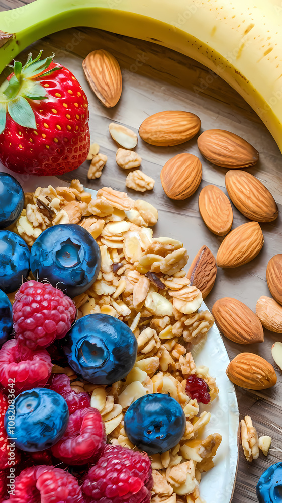 Fresh fruit and granola bowl featuring strawberries, blueberries, raspberries, and almonds, complemented by a ripe banana, perfect for a healthy breakfast option. Fresh fruit and granola bowl featuring strawberries, blueberries, raspberries, and almonds, complemented by a ripe banana, perfect for a healthy breakfast option.