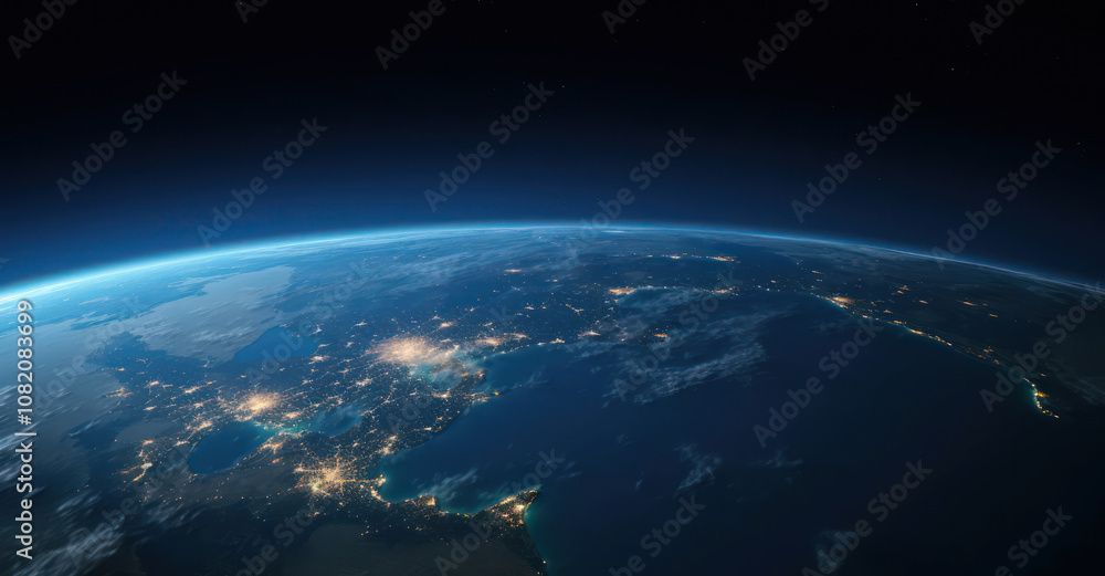 Fototapeta premium Earth from space, showcasing illuminated cities and natural landscapes against a dark backdrop.
