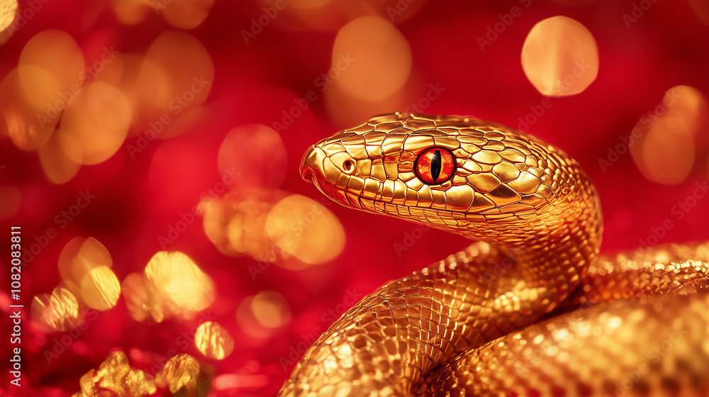 Fototapeta premium Shiny golden snake on a red background. 2025 New Year of the Snake, Lunar New Year or Chinese New Year. Tet. Zodiac animal character. Gold bokeh. Copyspace for your text.