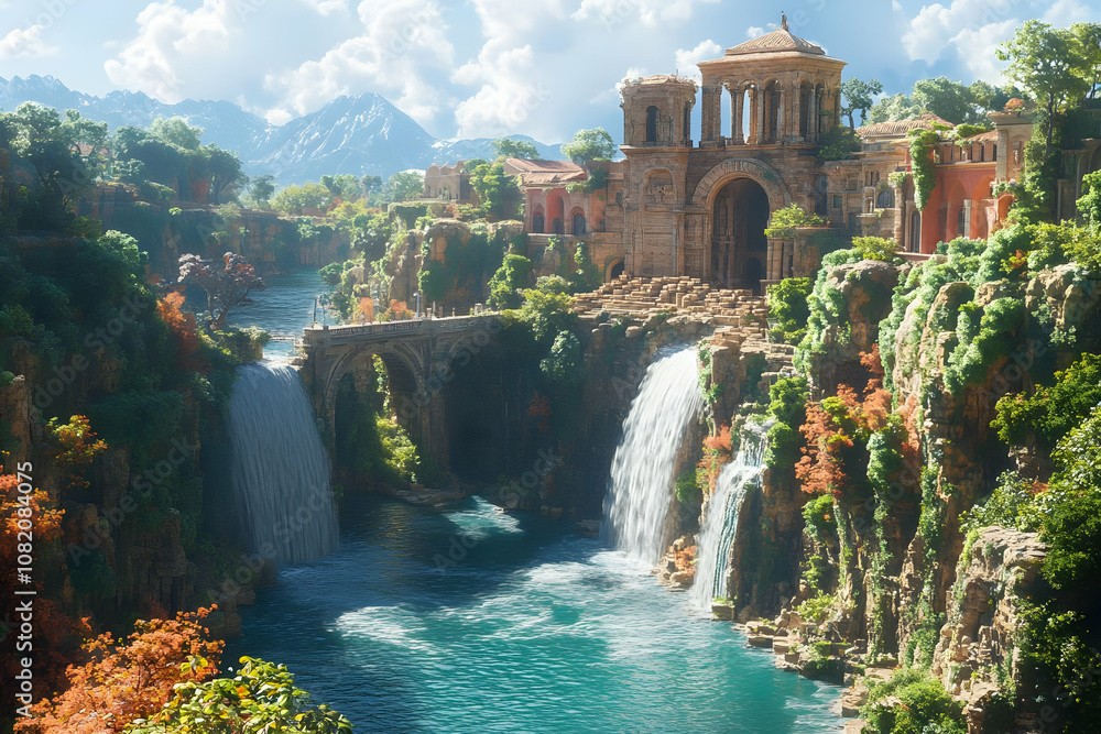 Fototapeta premium Illustration - Serene Waterfall Temple Landscape
