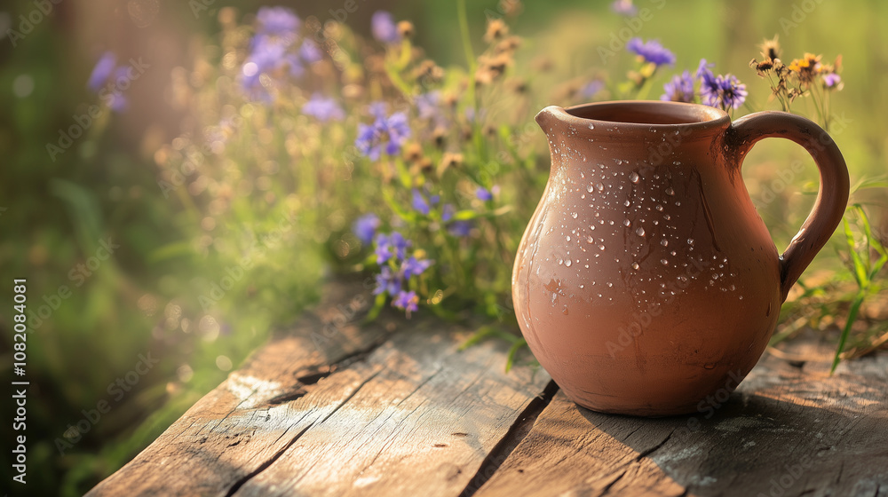 Rustic Ceramic Pitcher with Wildflowers on a Wooden Table Rustic Ceramic Pitcher with Wildflowers on a Wooden Table