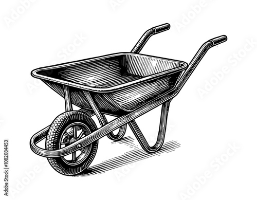 wheelbarrow engraving black and white outline