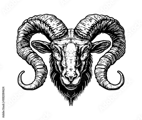 ram head engraving black and white outline