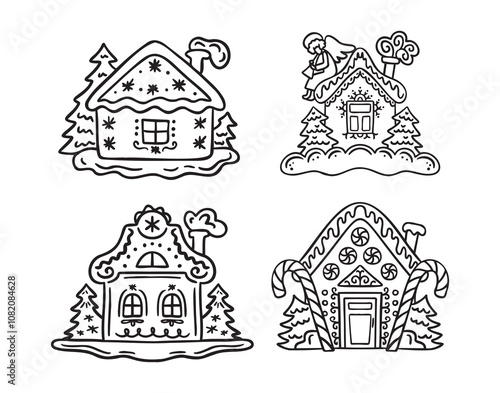 Hand drawn doodle cute gingerbread houses set. Christmas sweets and treats, gingerbread house shaped gingerbread cookies with decoration