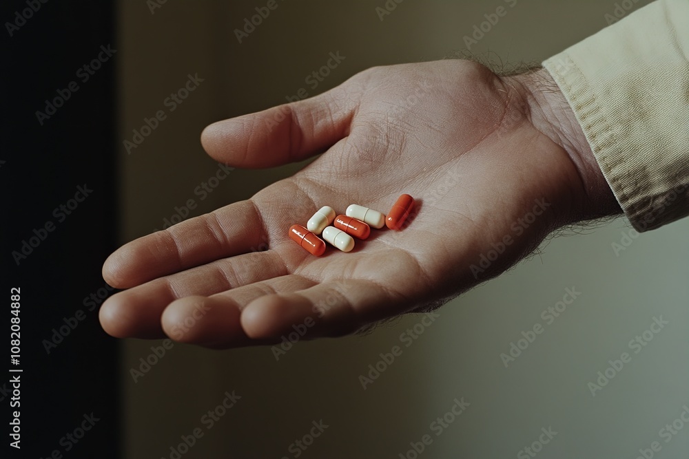 A Hand Holding Various Red and White Medication Capsules Against a Neutral Background Indoors A Hand Holding Various Red and White Medication Capsules Against a Neutral Background Indoors
