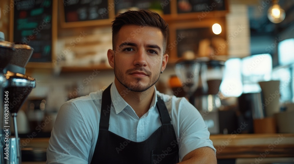 Fototapeta premium A person wearing a white shirt and black apron, standing in a clean environment