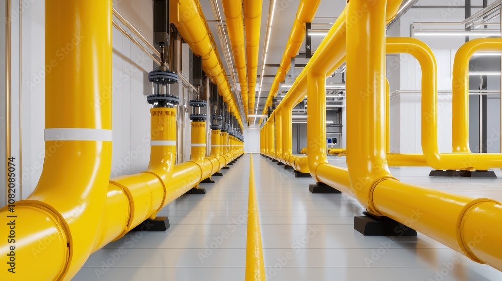 High-tech gas distribution system with yellow pipes and virtual schematics, illustrating modern industrial processes and efficiency optimization High-tech gas distribution system with yellow pipes and virtual schematics, illustrating modern industrial processes and efficiency optimization