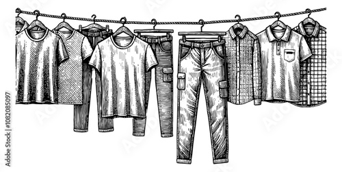 clothes hanging on a clothesline engraving black and white outline