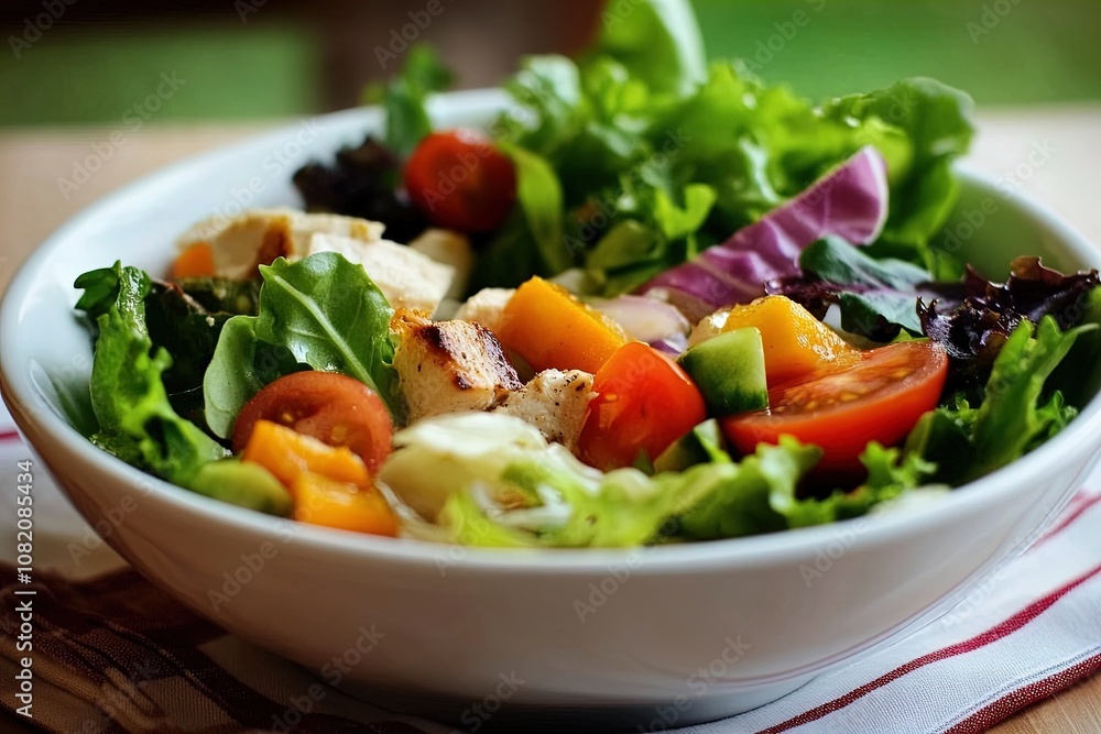 Fresh Garden Salad With Grilled Chicken and Colorful Vegetables Served in a White Bowl on a Wooden Table Fresh Garden Salad With Grilled Chicken and Colorful Vegetables Served in a White Bowl on a Wooden Table