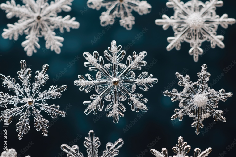 A group of unique and intricate snowflakes sit on a table, each with its own shape and pattern A group of unique and intricate snowflakes sit on a table, each with its own shape and pattern