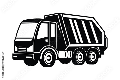 Garbage Truck Vector Illustration - Waste Collection, Recycling, Sanitation Vehicle Design, Minimal Black Outline