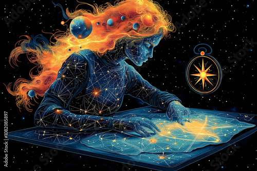 An astral cartographer skillfully maps out dream roads, her flowing hair shimmering with celestial elements as she examines detailed star charts on a table of nebulae
