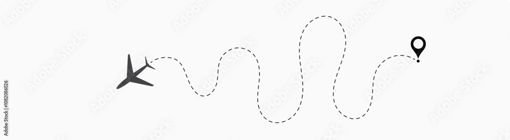 Airplane route. Airplane path in dotted line shape. plane flight route with start point and dash line trace. Various aircraft and destination location pins icons. 1 Airplane route. Airplane path in dotted line shape. plane flight route with start point and dash line trace. Various aircraft and destination location pins icons. 1