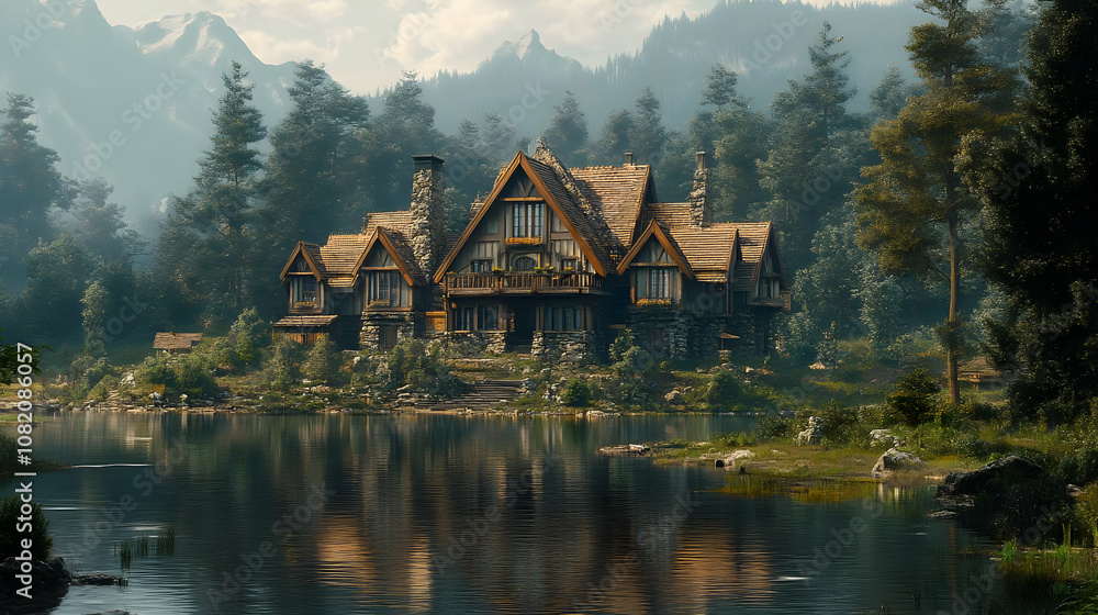 Fototapeta premium Illustration - Cozy Cottage by the Lake in a Serene Forest Setting