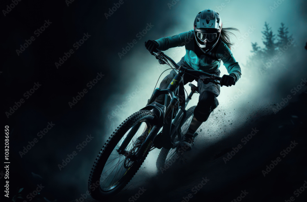 Action shot of a mountain biker racing through a dark, smoky trail, showcasing adrenaline and speed. Action shot of a mountain biker racing through a dark, smoky trail, showcasing adrenaline and speed.