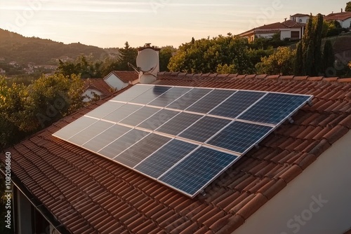 Solar Panels on a Red-Tiled Roof in a Serene Residential Setting During a Golden Sunset in the Countryside photo