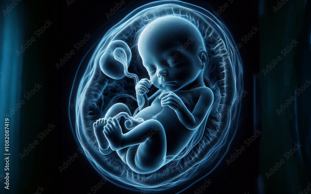 3D image of a human embryo in the womb. Before birth