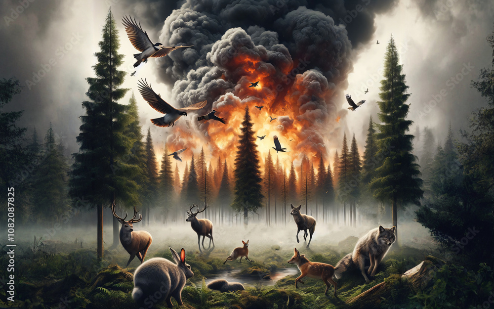 Fototapeta premium Forest fire, fire safety, flames on trees, running wild animals, deer and birds leaving the forest