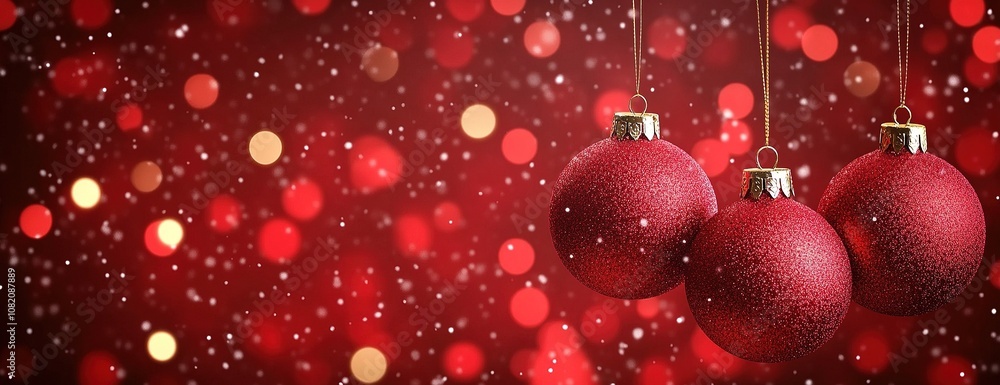 Red Christmas baubles with bokeh lights. Red Christmas baubles with bokeh lights.