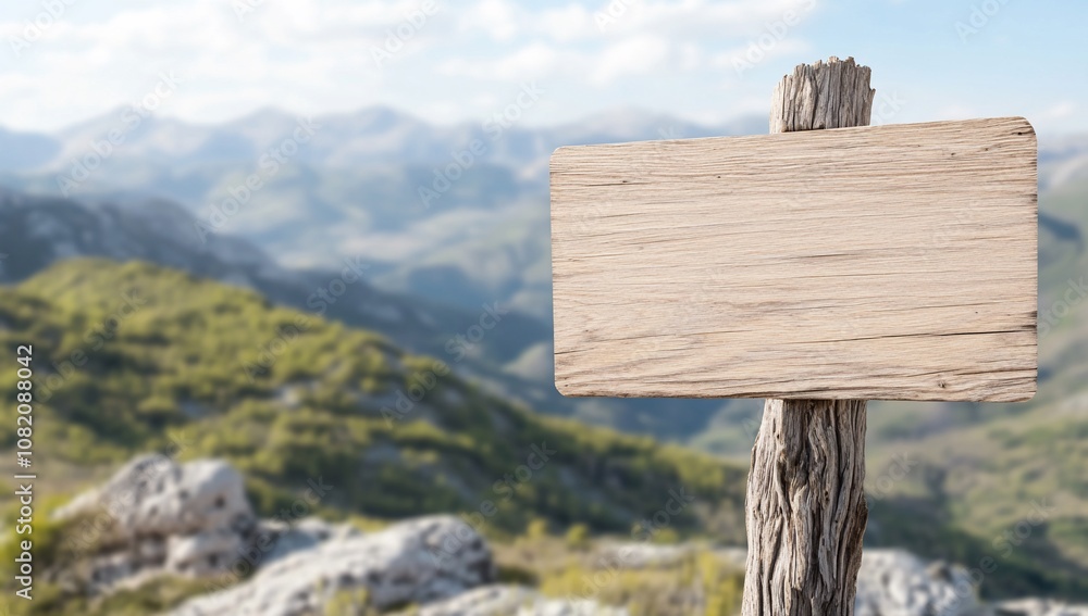 A blank wooden signpost in a mountainous landscape. A blank wooden signpost in a mountainous landscape.
