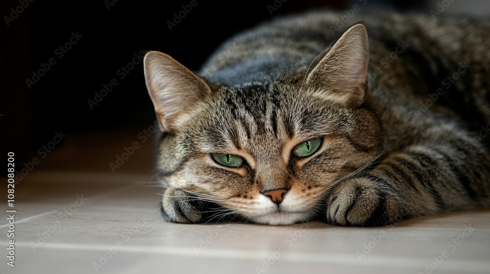 Obraz premium A sad striped cat with green eyes lies on the floor, gazing sideways in a quiet indoor setting, capturing a moment of solitude and reflection