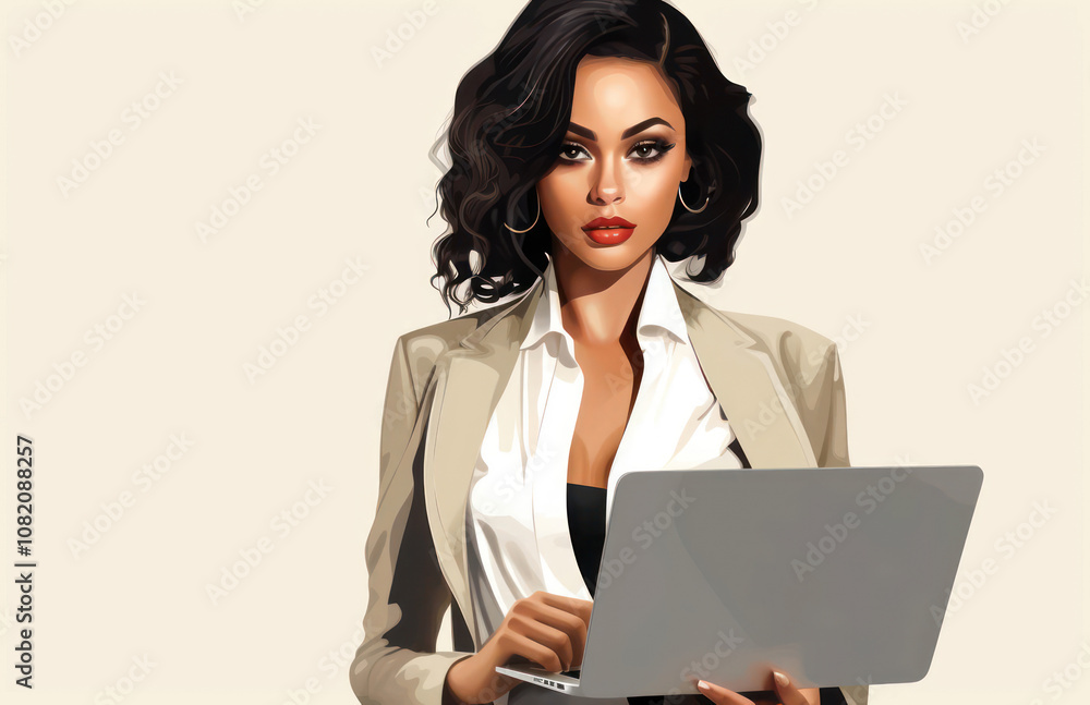 Confident professional woman working on a laptop, dressed stylishly in a modern office environment. Confident professional woman working on a laptop, dressed stylishly in a modern office environment.