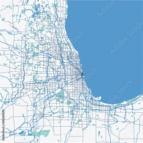 Map of Chicago Metro in Illinois in a professional blue style. Contains layered vector with roads water, parks, etc.