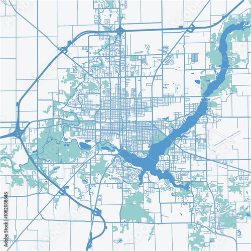 Map of Decatur in Illinois in a professional blue style. Contains layered vector with roads water, parks, etc.