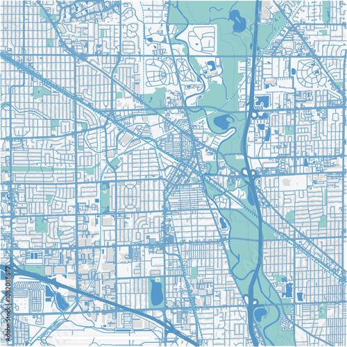 Map of Des Plaines in Illinois in a professional blue style. Contains layered vector with roads water, parks, etc.