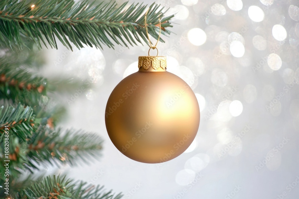 A gold ornament hangs from a Christmas tree, ready for the holiday season A gold ornament hangs from a Christmas tree, ready for the holiday season