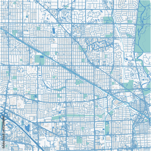 Map of Mount Prospect in Illinois in a professional blue style. Contains layered vector with roads water, parks, etc.