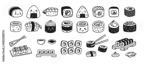 Sushi funny doodle set. Japanese hand drawn Food Sketch Icons. Kawaii drawing