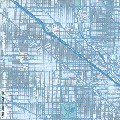 Map of Logan Square in Illinois in a professional blue style. Contains layered vector with roads water, parks, etc.