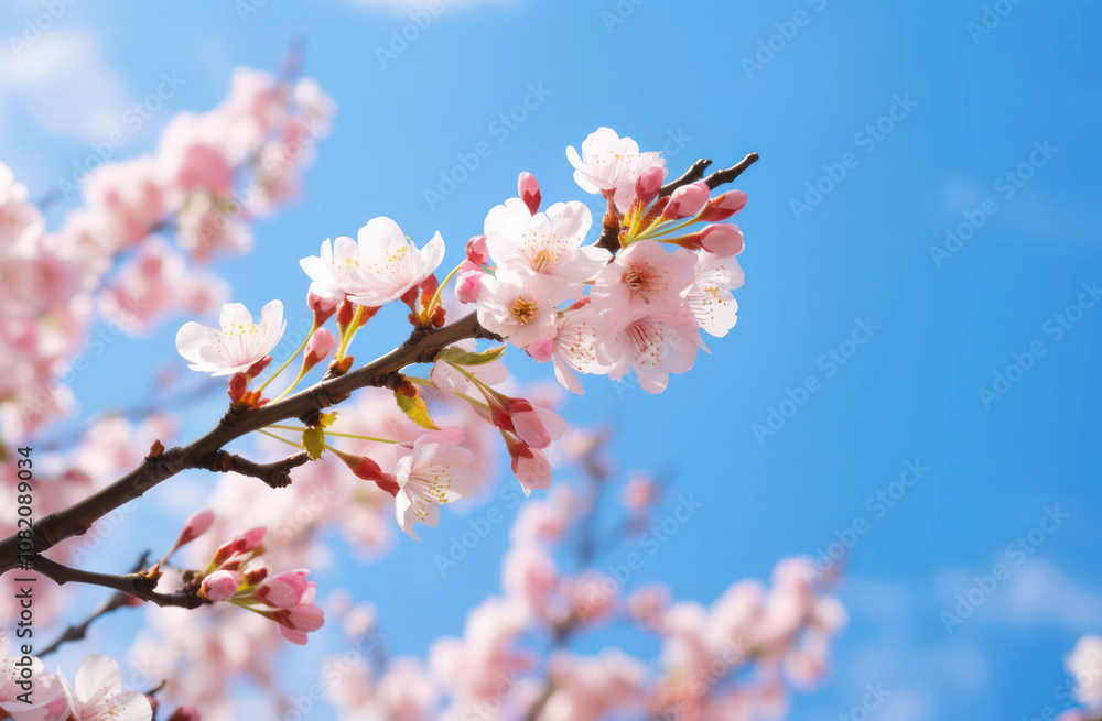 Cherry blossom branch of spring showcasing vibrant pink flowers against a bright blue sky. Cherry blossom branch of spring showcasing vibrant pink flowers against a bright blue sky.
