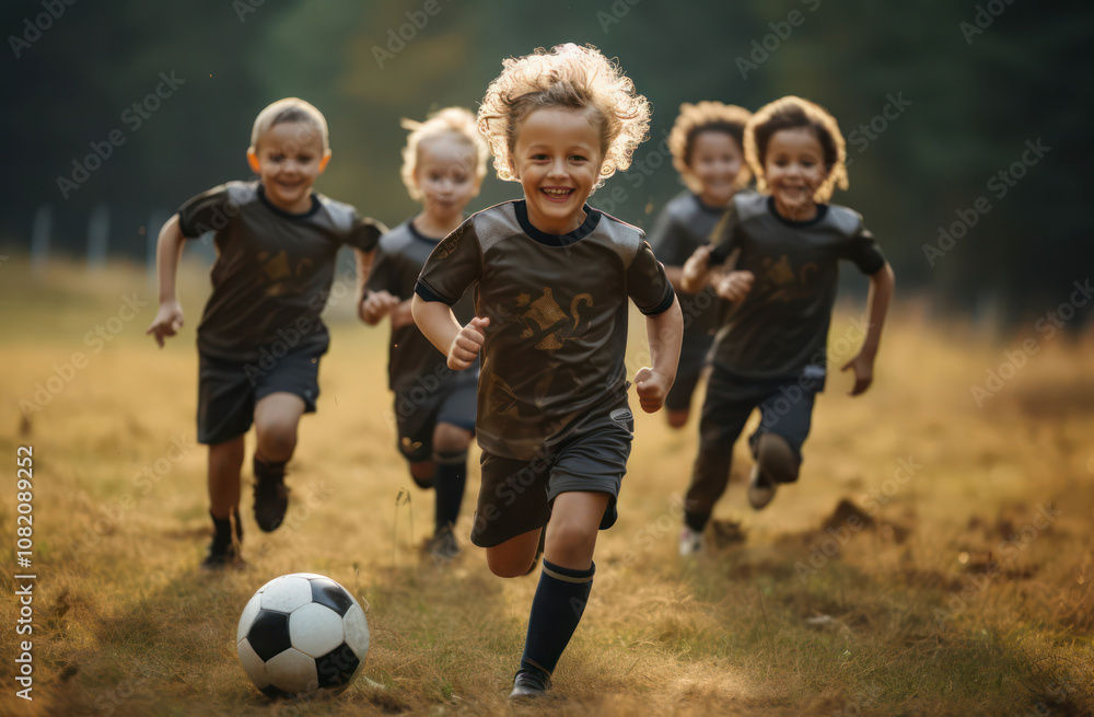 Energetic kids running on a grassy field while playing soccer, showcasing teamwork and enthusiasm for the game. Energetic kids running on a grassy field while playing soccer, showcasing teamwork and enthusiasm for the game.