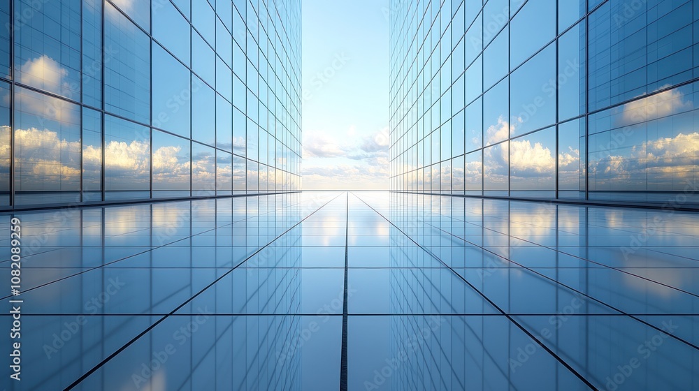 Modern architectural space with reflective glass surfaces and sky. Modern architectural space with reflective glass surfaces and sky.