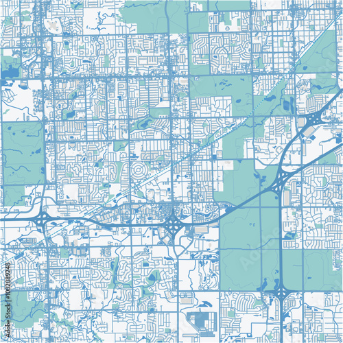 Map of Tinley Park in Illinois in a professional blue style. Contains layered vector with roads water, parks, etc. photo